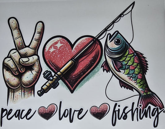 DTF Fishing "Peace Love Fishing" Peace Heart Fish with fishing rod graphic