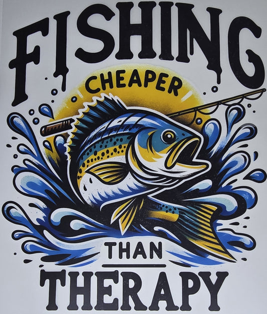 DTF Fishing "Fishing, Cheaper Than Therapy" Splashing Fish, water and fishing pole background