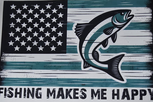 DTF Fishing "Fishing Makes Me Happy" U.S.A Flag with fish graphic