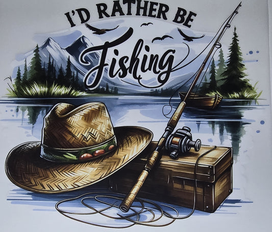 DTF Fishing "I'd Rather Be Fishing" Fishing gear with Mountain Lake background