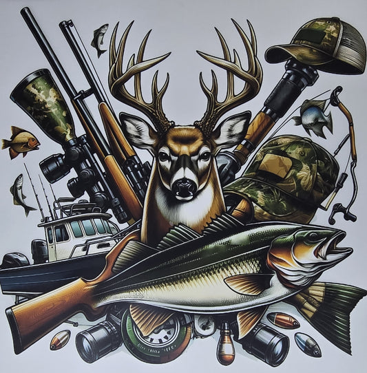 DTF Deer Hunt - Hunting Graphic with buck fish and gear