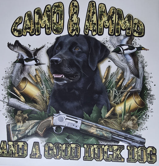 DTF Deer Hunt - "Camo & Ammo and a Good Duck Dog" camo letters with Black Lab duck hunting background