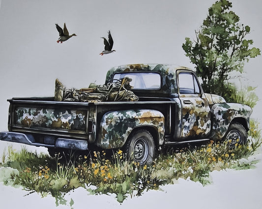 DTF Deer Hunt - Camo Step side Truck in field with flying duck graphic