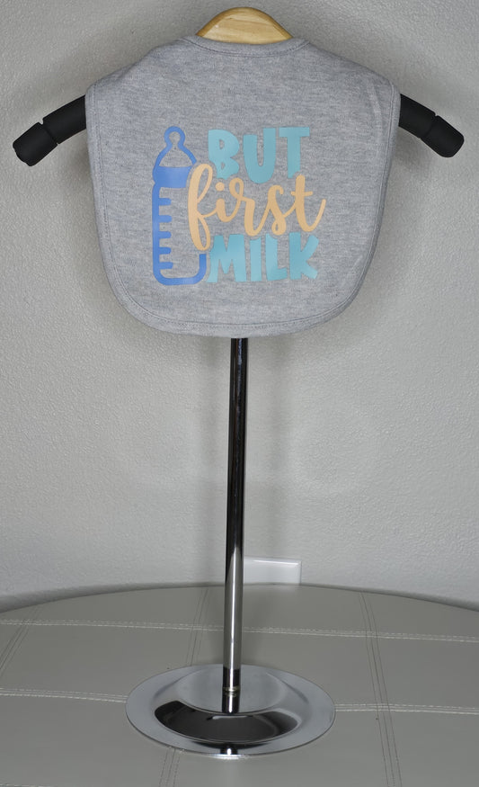 Custom Made Heather Grey Creations of Grace Bib - "But first Milk" bottle graphic