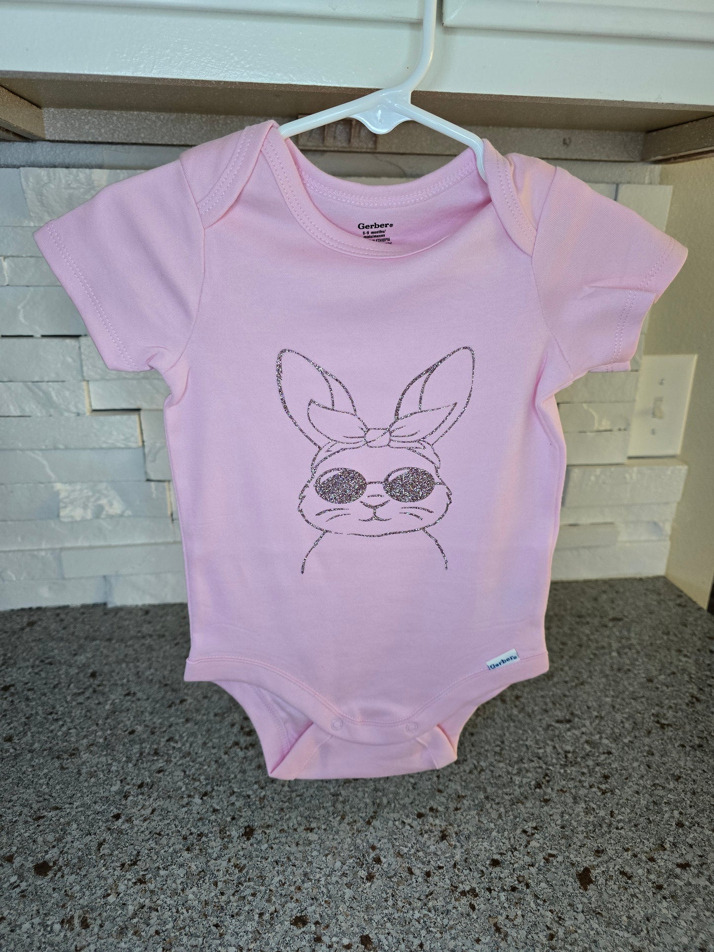 Custom Made Pink Gerber Onesie Glittery Vinyl - Easter Bunny with glittery suns & hairbow graphic