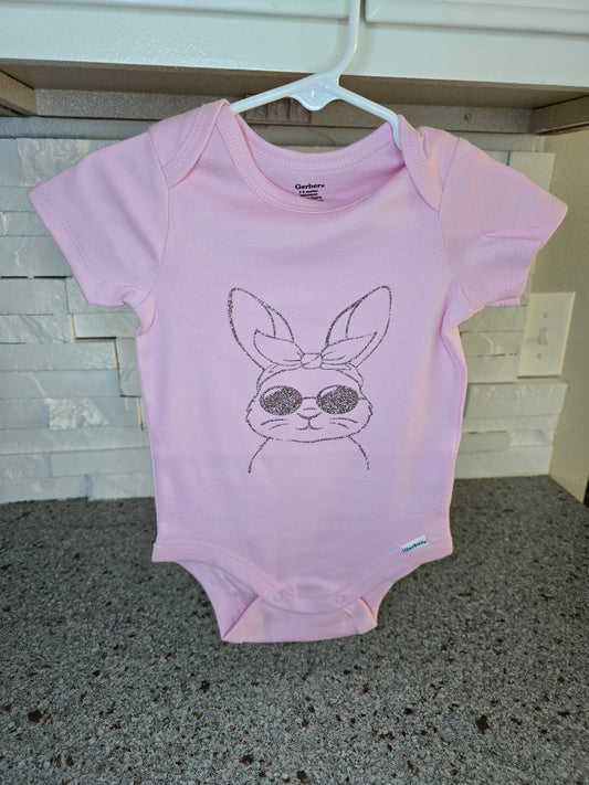 Custom Made Pink Gerber Onesie Glittery Vinyl - Easter Bunny with glittery suns & hairbow graphic