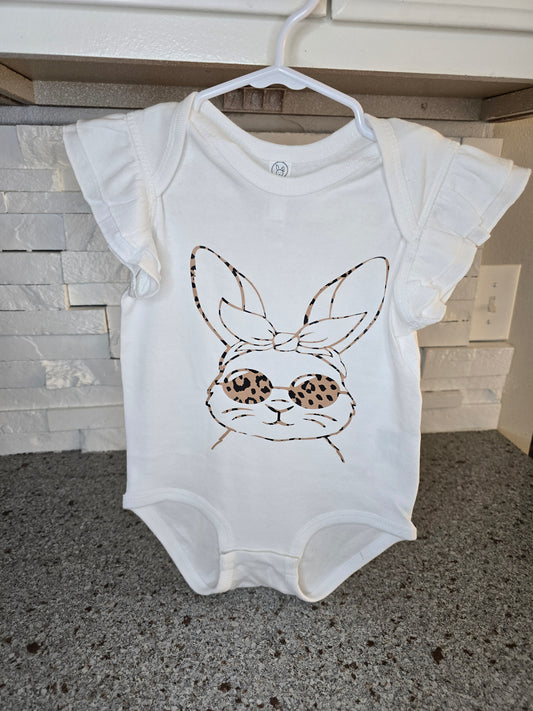 Custom Made Rabbit Skins Ruffled Sleeves Onesie Vinyl - Easter Bunny with suns & hairbow cheetah print graphic