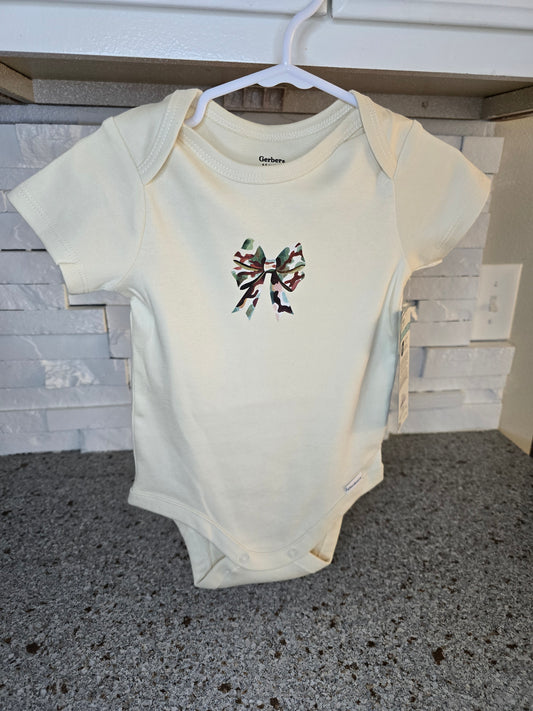 Custom Made Biege Gerber Onesie - Camo pattern bow graphic