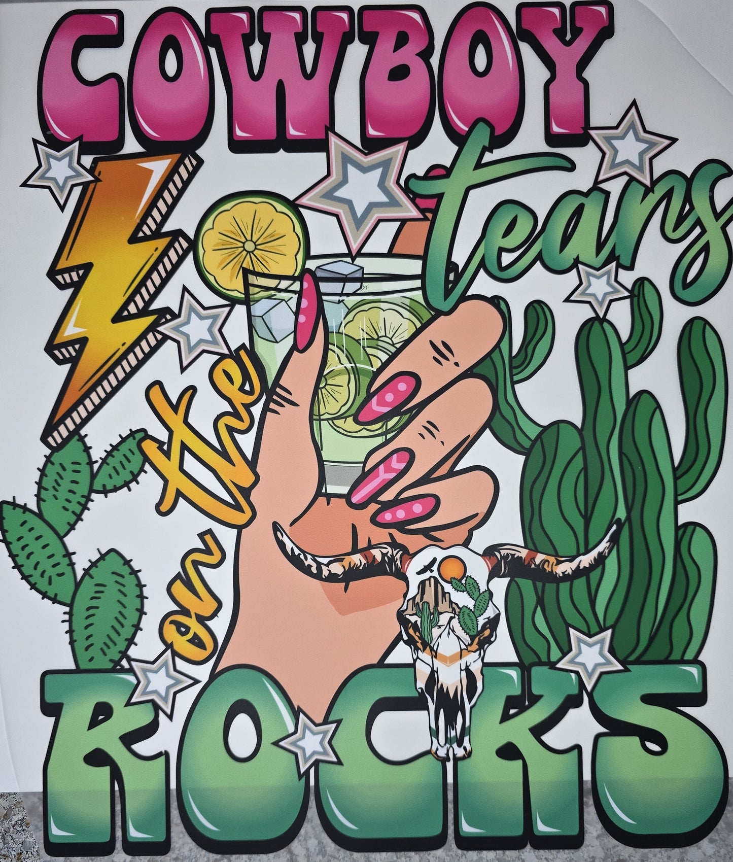 DTF Western "Cowboy Tears on the Rocks" Cheers drink with cactus background