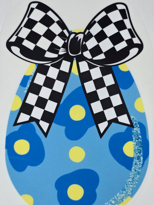 DTF Easter graphic - Blue Easter Egg with checker pattern bow