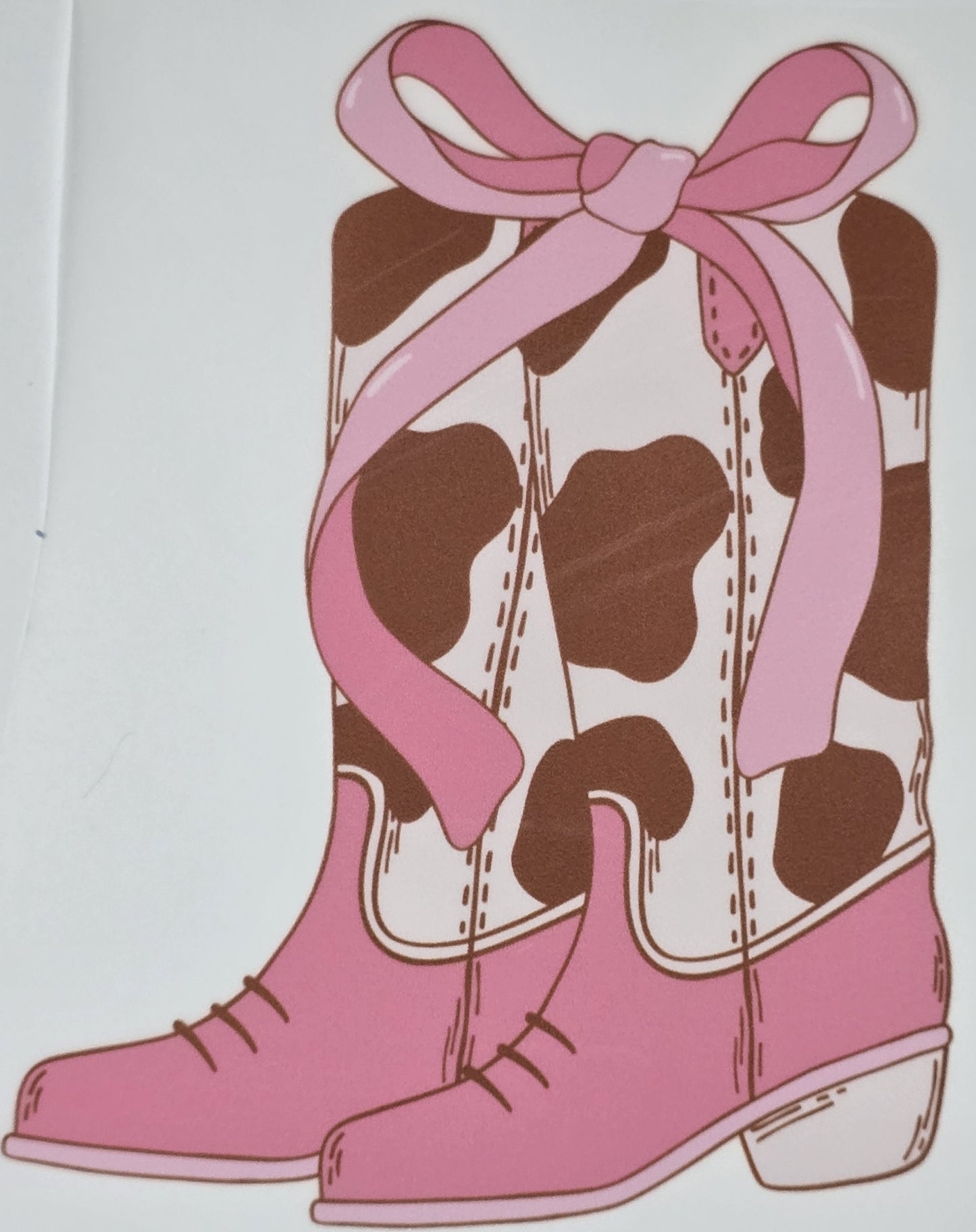 DTF Western - Pink cow printed boots with ribbon