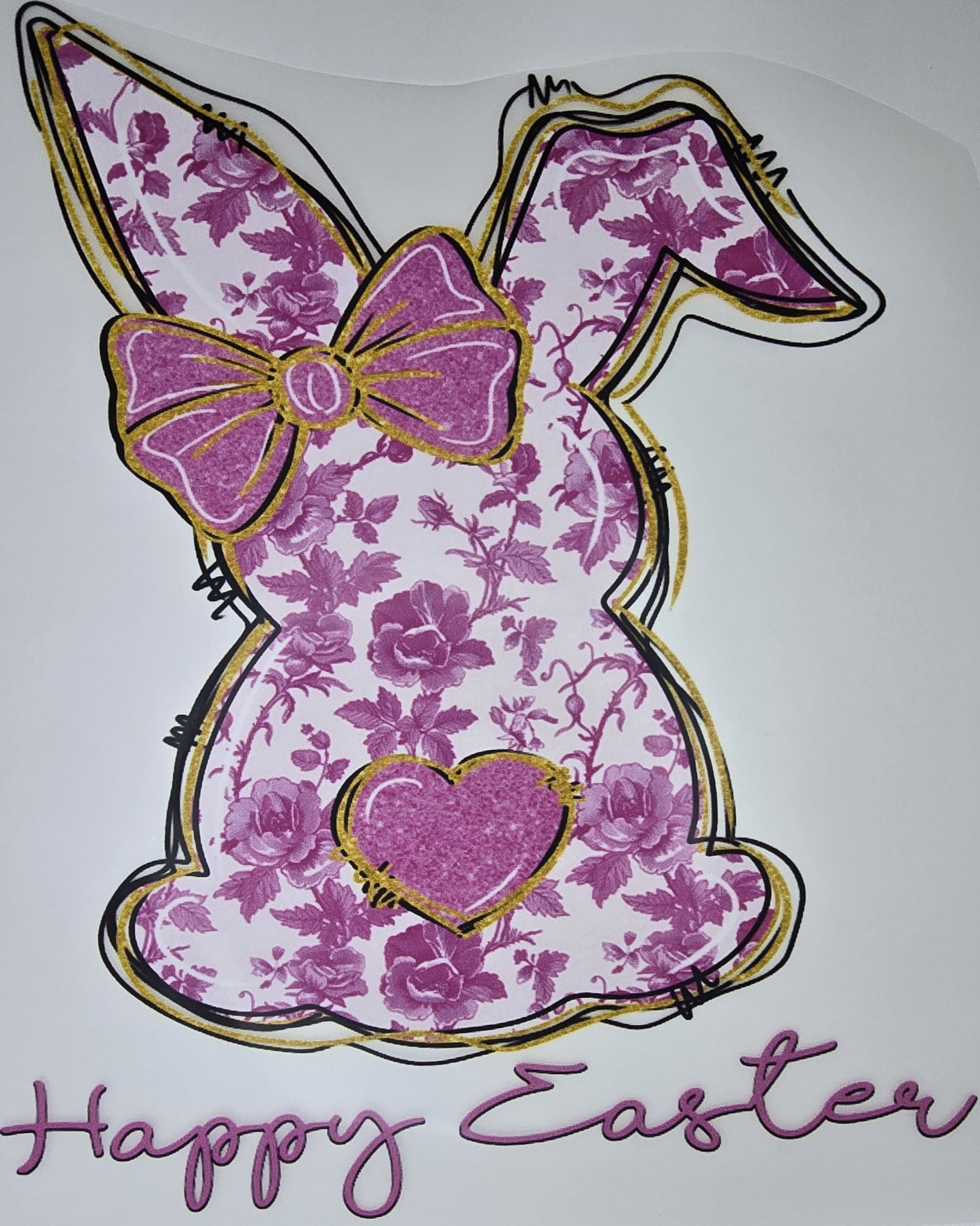 DTF Easter graphic - Large "Happy Easter" White Bunny with pink floral pattern