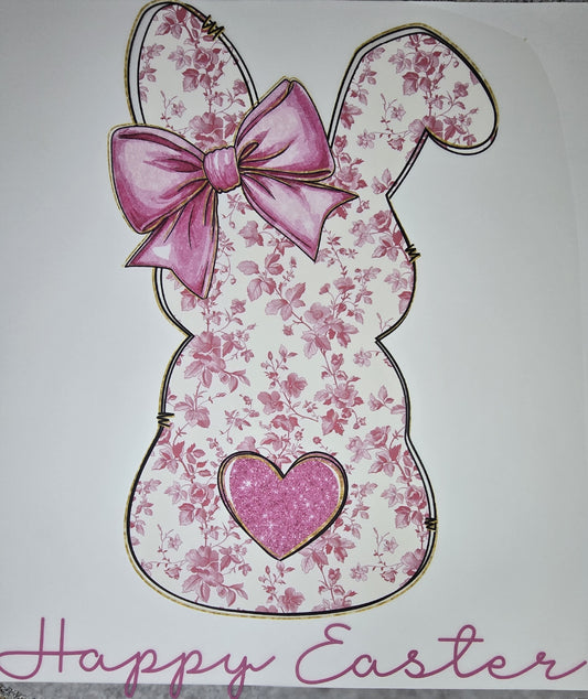 DTF Easter graphic - "Happy Easter" Pink Bunny Silhouette with pink floral pattern with bow heart tail