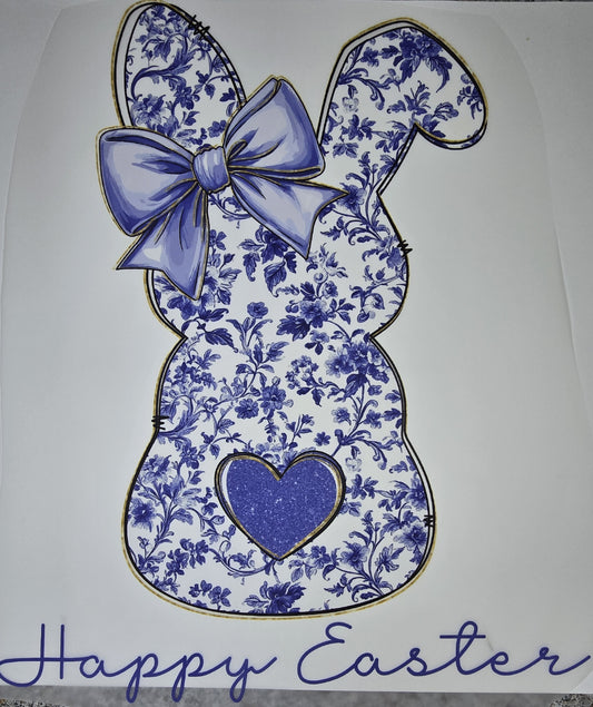 DTF Easter graphic - Large "Happy Easter" Blue Bunny Silhouette with pink floral pattern with bow heart tail