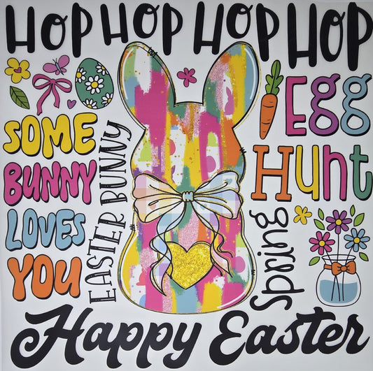 DTF Easter graphic - "Happy Easter" Multi phrase graphic with Rainbow Gummy Bunny