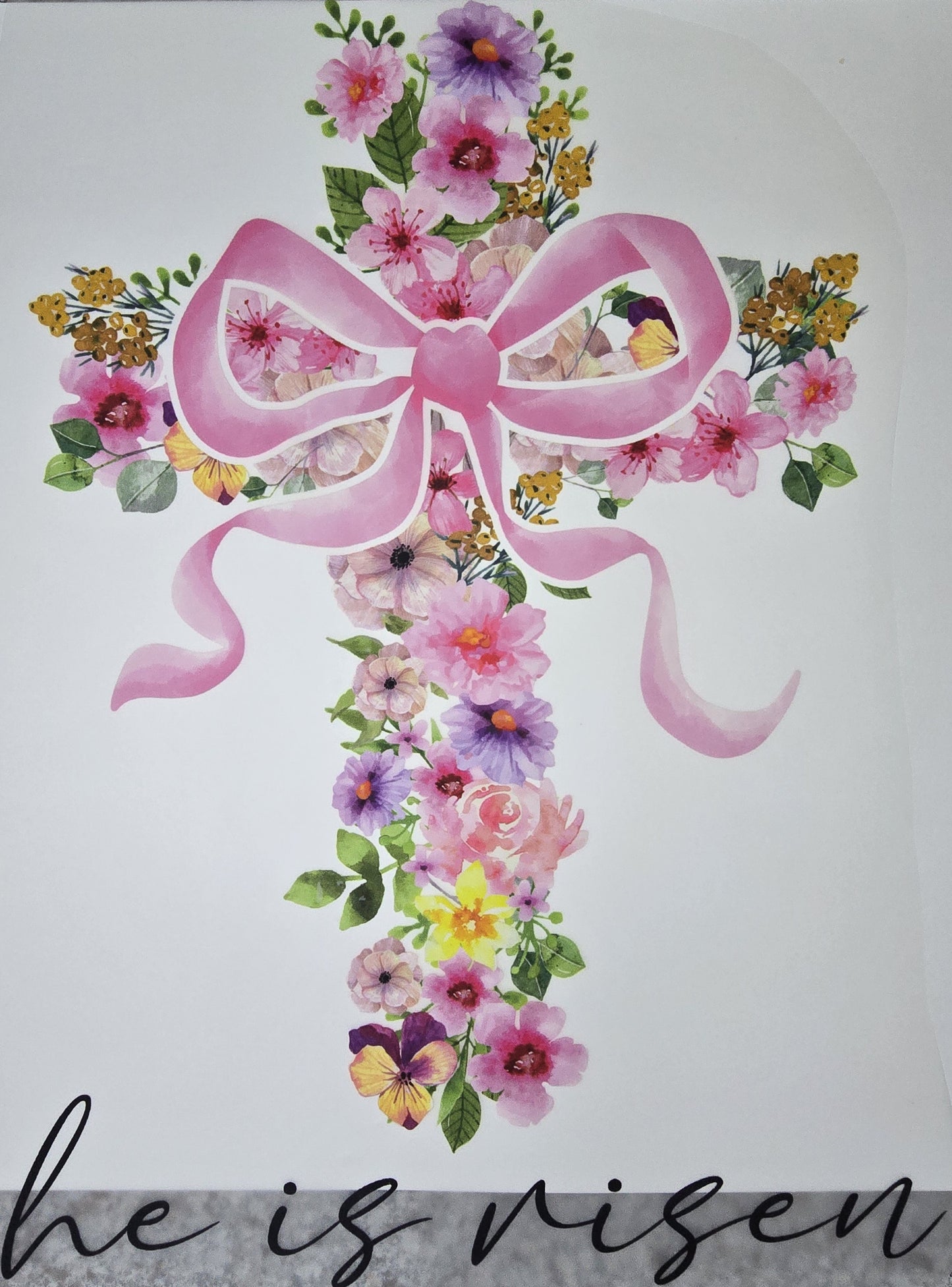 DTF Easter graphic - Large "He is Risen" Floral Cross with pink bow