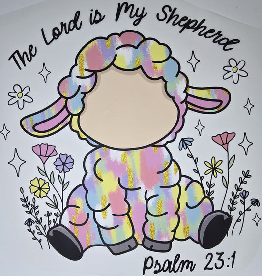 DTF Easter graphic - "Psalm 23:1" Large Rainbow-colored sheep in flowers