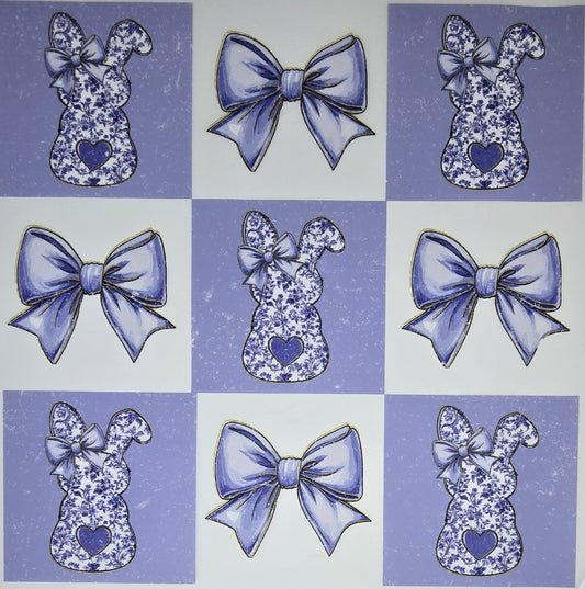 DTF Easter graphic - Blue / White checkered pattern with bows and bunny graphics