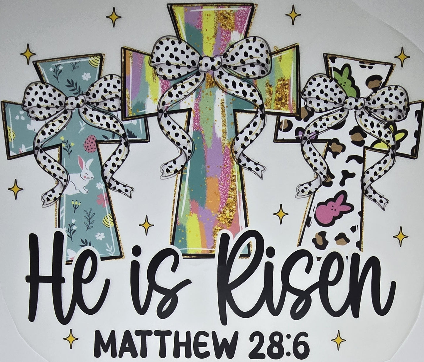 DTF Easter graphic - Large "He is Risen Matthew 28:6" Cross with easter patterns and white spotted bows