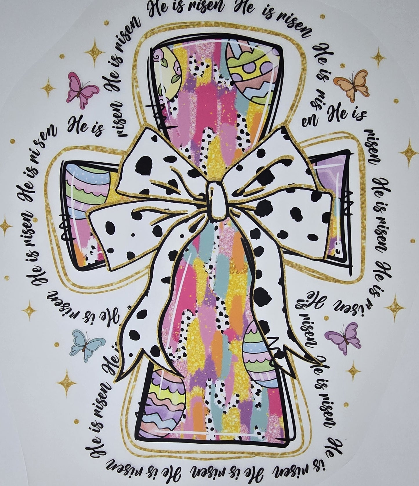 DTF Easter graphic - "He is Risen" Boarder with white spotted hairbow