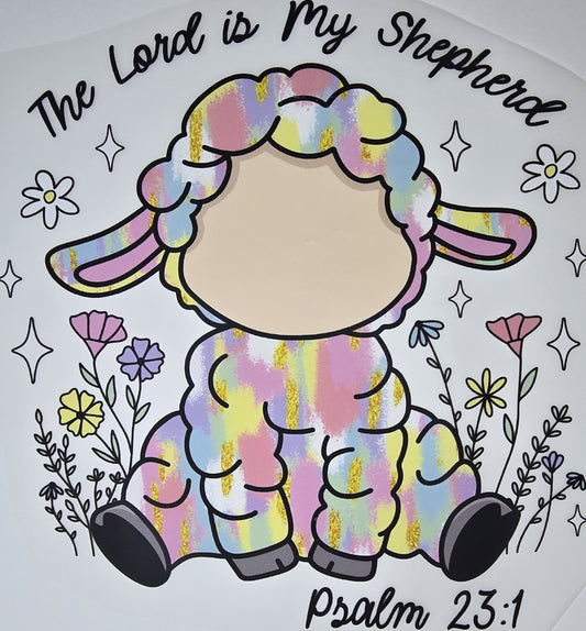 DTF Easter graphic - "Psalm 23:1" Rainbow colored sheep in flowers