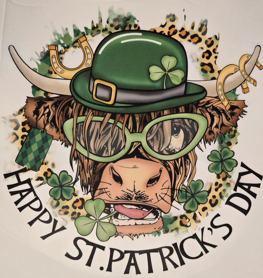 DTF St Pat Day "Happy St Patrick's Day" Cow with hat & glasses