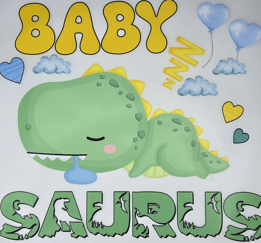 DTF Toddler "Baby Saurus" Sleeping Green Dino Blue Heart Ballons