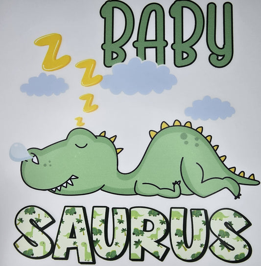 DTF Toddler "Baby Saurus" Sleeping Green Dino Blue Clouds